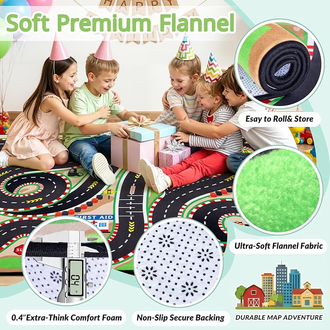 Kids Rug, 5x7 Ft Race Track Car Rug for Kids | Extra Thick 0.4in Soft Non-Slip Racing Car Carpet Play Rug with 3D Track Design for Toy Cars, Playroom, Bedroom &Nursery