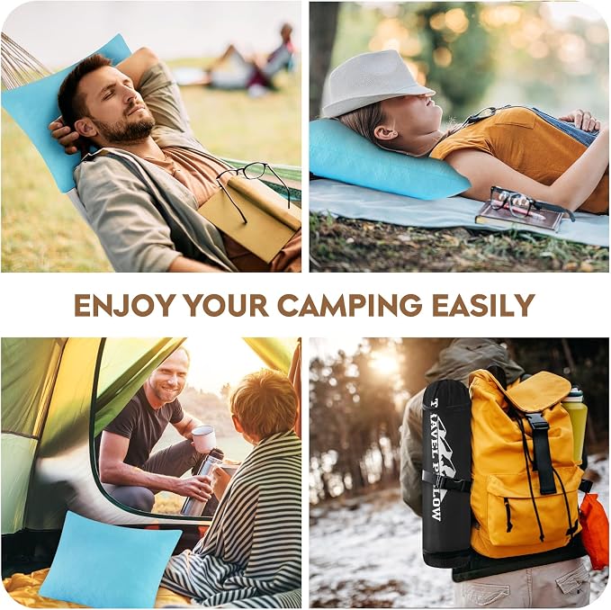 Small Shredded Memory Foam Pillow, Camping Pillow Travel Pillow - Compressible Medium Firm, Breathable Cover, Ideal Backpacking Hiking, Airplane and Car (Sky Blue, M)
