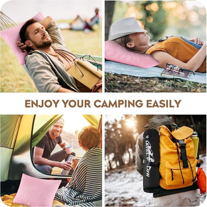 Small Shredded Memory Foam Pillow, Camping Pillow Travel Pillow - Compressible Medium Firm, Breathable Cover, Ideal Backpacking Hiking, Airplane and Car (Apricot Pink, L)