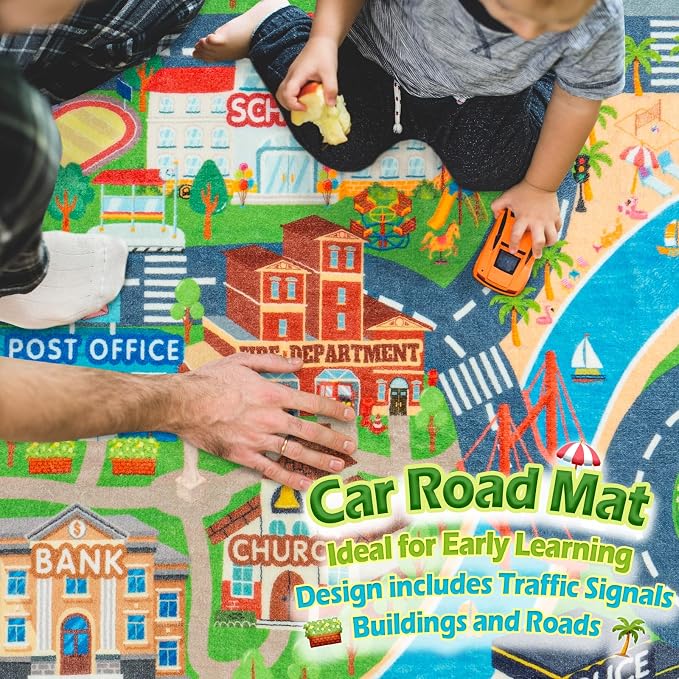 Car Rug Play Mat for Kids Toy Cars, Road Traffic Playmat for Kid Bedroom, Non-Slip Machine Washable Town City Race Track Carpet for Learn and Have Fun Round 47"