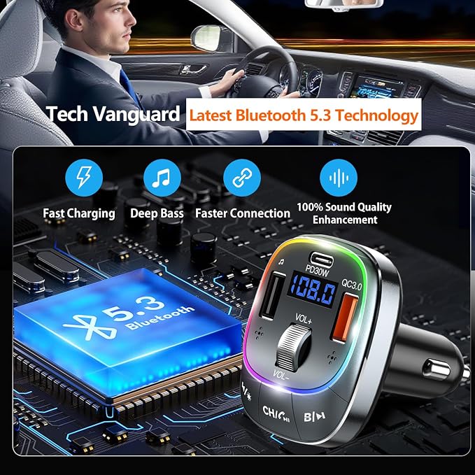 Redroman USB C Bluetooth 5.4 Car Adapter for Hands-Free Calling & 48W Fast Charging, Wireless FM Transmitter Audio Receiver with USB Playback and 7-Color LED Backlit, Type-C PD Charger for All Cars