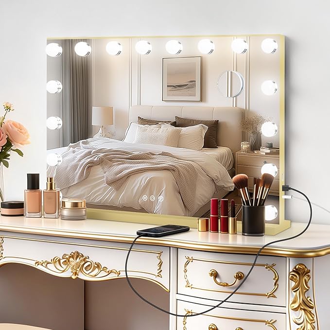 Moonee Vanity Mirror with Lights, Gold Hollywood Lighted Makeup Mirror with 17 Dimmable Bulbs and 10X Magnification, 3 Colors Modes, Aluminum Metal Frame, Light Up Mirror for Tabletop/Wall(26" x 20")