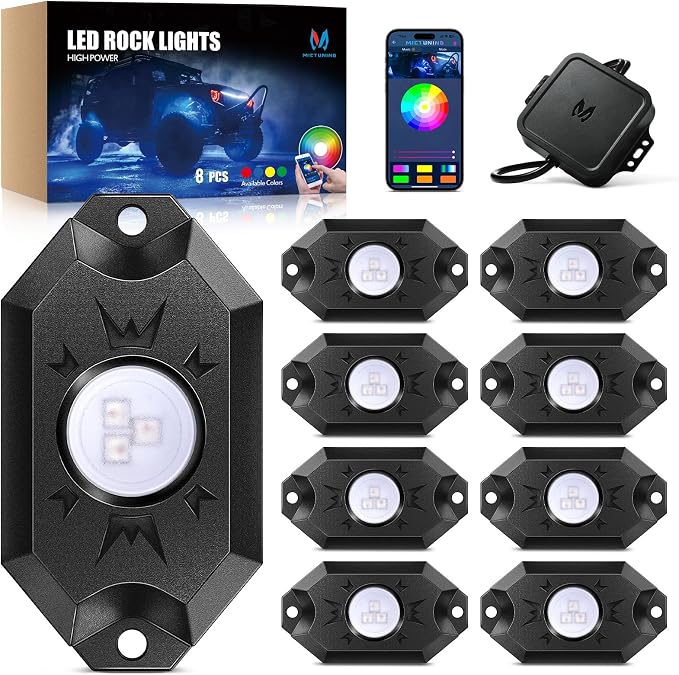 MICTUNING 2nd-Gen CM RGB Rock Lights - 8 Pods Waterproof Multicolor Neon Underglow Kit with Bluetooth App Control & Music Mode for Trucks Pickup UTV SUV ATV(2 Year Warranty)