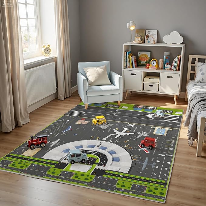 Kids Airport Runway Rug, Faux Wool Airplane Map, Non-Slip, 4 x 6 ft | Runway and airplane design; Aviation-themed play; Soft faux wool surface; Non-slip backing; Easy-care finish