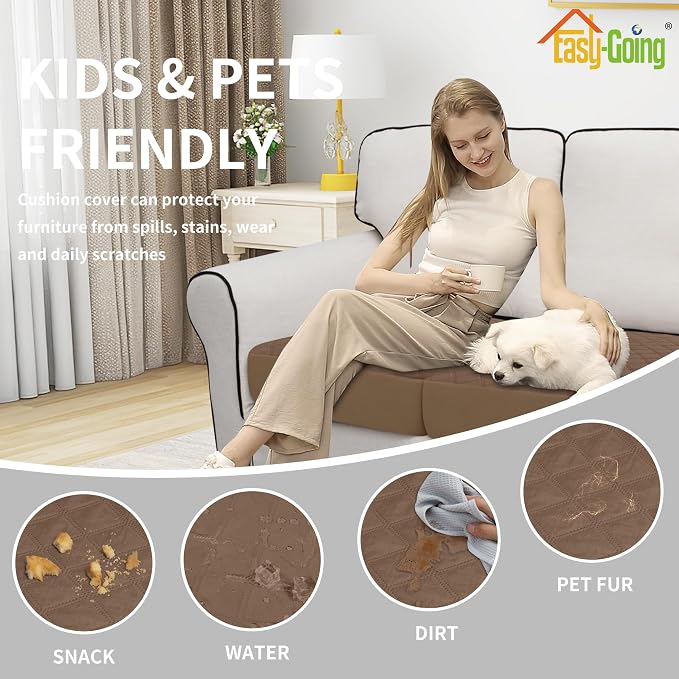 Easy-Going Waterproof Couch Cushion Covers, Non-Slip Leakproof Sofa Seat Cushion Slipcovers, Quilted and Stretch Furniture Protector for Dogs, Pets (3-Piece Sofa Cushion, Brown)
