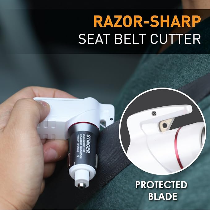 Ztylus Stinger Car Vehicle Emergency Escape Tool: Life-Saving Multi-Tool, Spring Loaded Window Breaker Punch, Seat Belt Cutter (1x White Stinger)