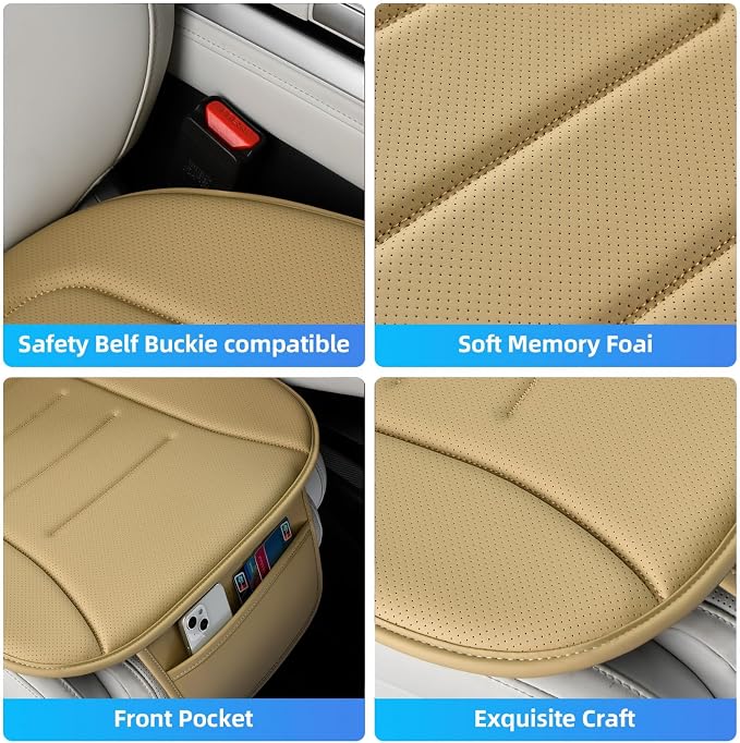 KAYI Car Seat Cushion, Comfort Memory Foam Car Cushions for Driving, Breathable Leather Surface with Anti Slip Rubber Bottom, Seat Cushion for Car and Office Chair (2 Pack, Beige)