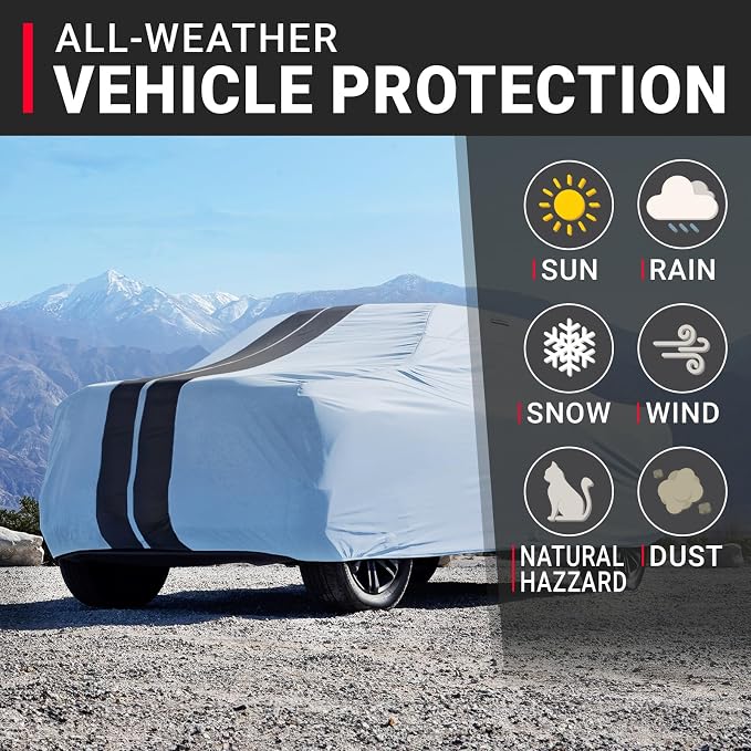 iCarCover Premium Heavy Duty Truck Car Cover - Waterproof All Weather Rain Snow UV Protection, F-150 Extended Cab, F-250, F-350 Crew Cab, Extended Cab, Size T87 (See Size Chart), Stripe - Gray/Black