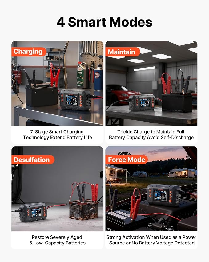 VEVOR Smart Battery Charger, 25A, 6V 12V 24V Ternary Lithium LiFePO4 Lead-Acid (Gel/AGM) Battery Charger, with 3.4-Inch LCD Display, Trickle Charging Maintainer Desulfator, for Car, Boat, Motorcycle