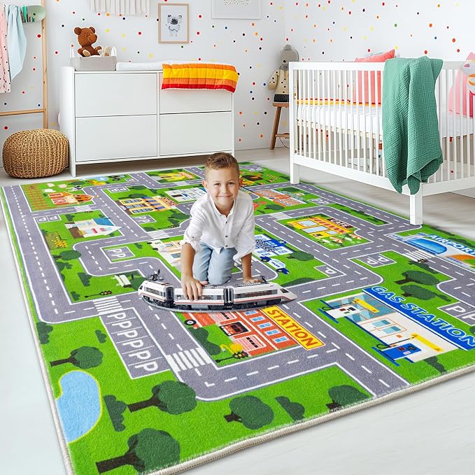 Car Rug Play Mat for Kids Toy Cars, City Road Traffic Playmat for Kid Bedroom, Non-Slip Machine Washable Kids Rugs for Learn and Have Fun 3'x4'/ 36"x48", Green