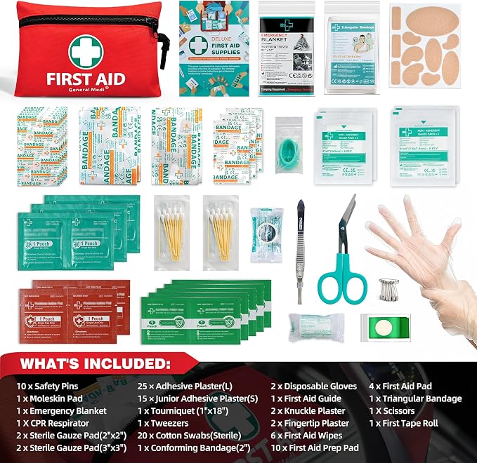 General Medi Mini First Aid Kit, 110 Piece Small First Aid Kit - Includes Emergency Foil Blanket, Scissors for Travel, Home, Office, Vehicle, Camping, Workplace & Outdoor (Red)