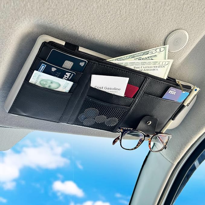 EcoNour Car Sun Visor Organizer (Black) | Multi-Pocket Net Zipper Case for Cash, Card, Pen & Sunglass | Visor Organizer Storage Pouch | Interior Accessories with Pocket for Car & Truck | Small