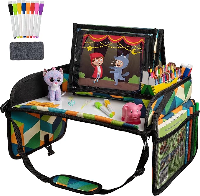 Lusso Gear Kids Travel Tray for Toddlers & Kids - Car Seat Lap Tray for Airplane & Road Trip Activities (Geometric)
