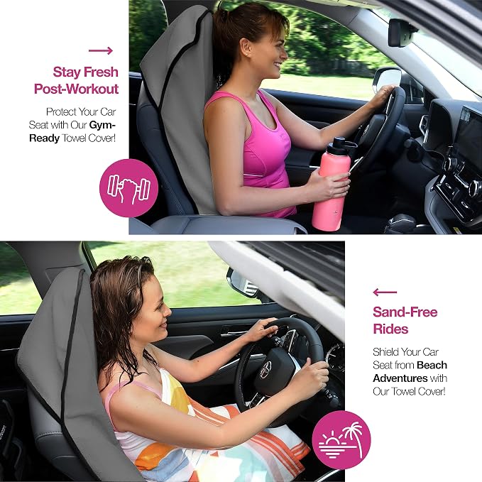 lebogner Car Seat Towel Cover for Post Gym Workout, Running and Swimming, 2 Pack Universal Fit Anti-Slip Waterproof Sweating Bucket Seat Protector for Cars, SUVs and Trucks, Grey