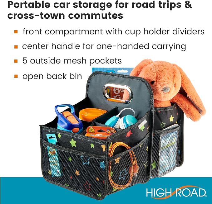 High Road Car Seat Caddy Organizer with Cup Holders - Middle Seat Car Organizer for Kids or Passenger Seat Organizer for Drivers - Portable Car Storage Bin with Easy Carry Handle (Starry Night)