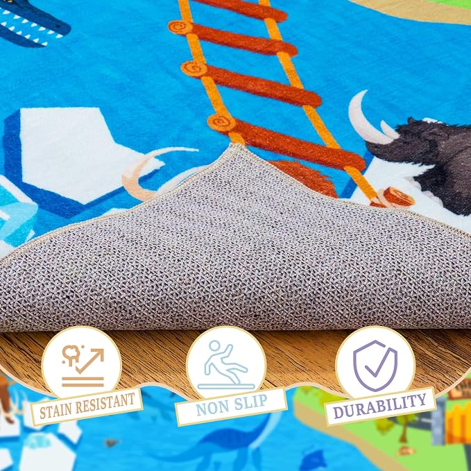 Kids Rugs for Playroom - Non-Slip 3x4 ft Car Rug Dinosaur Play Mat | Soft Fabric, Dinosaurs Carpet, Washable Car Rugs Road Carpet, for Classroom Nursery Bedroom Boys, Stain and Flame Resistant
