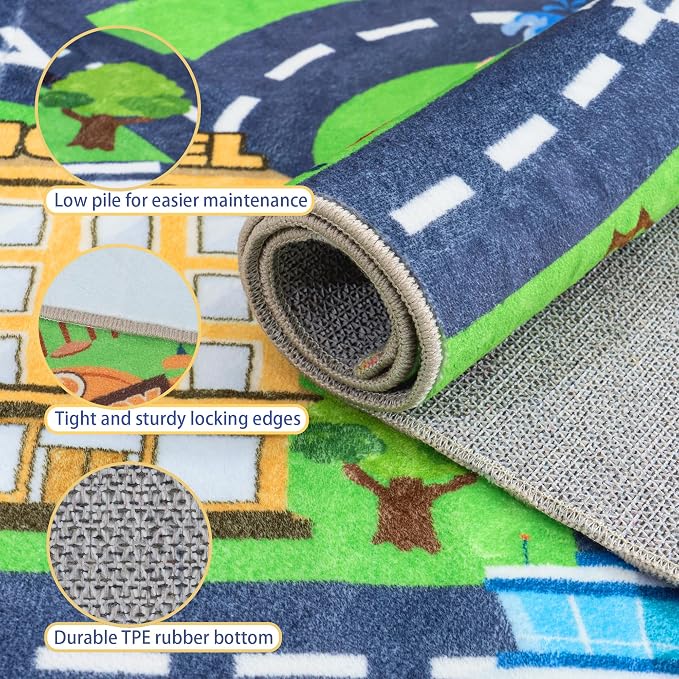Kids Room Rug, Non-Slip 4x5ft Car Rug City Road Play Mat Rugs Playroom | Soft, Durable Childrens Road Carpet Playmat, Washable Kids Play Rug, for Classroom Bedroom Boys, Flame Resistant