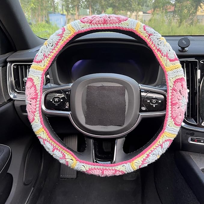 Handmade Crochet Pink Fower Granny Square Car Steering Wheel Covers Universal 14-15 inch for Women and Men (Steer Wheel Cover+ 2 Belt Cover)