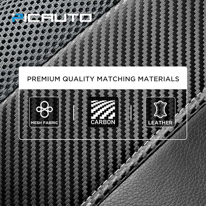PIC AUTO Leather Car Seat Covers, Sports Carbon Fiber & Mesh Design, High-Back Full Set, Waterproof Automotive Seat Covers, Airbag Compatible, Universal Fit for Cars, SUVs, Trucks (Black & Gray)