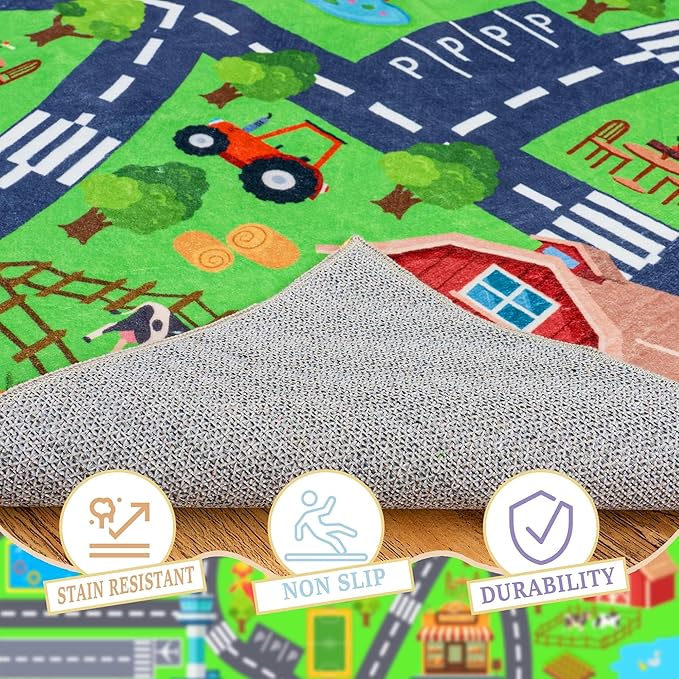 Kids Rug for Playroom, 3x4ft Car Rugs Town City Road Map Rug Play Mat | Soft, Non-Slip Childrens Road Carpet, Washable Kids Play Rug for Classroom Nursery Bedroom Daycare Boy, Stain Flame Resistant