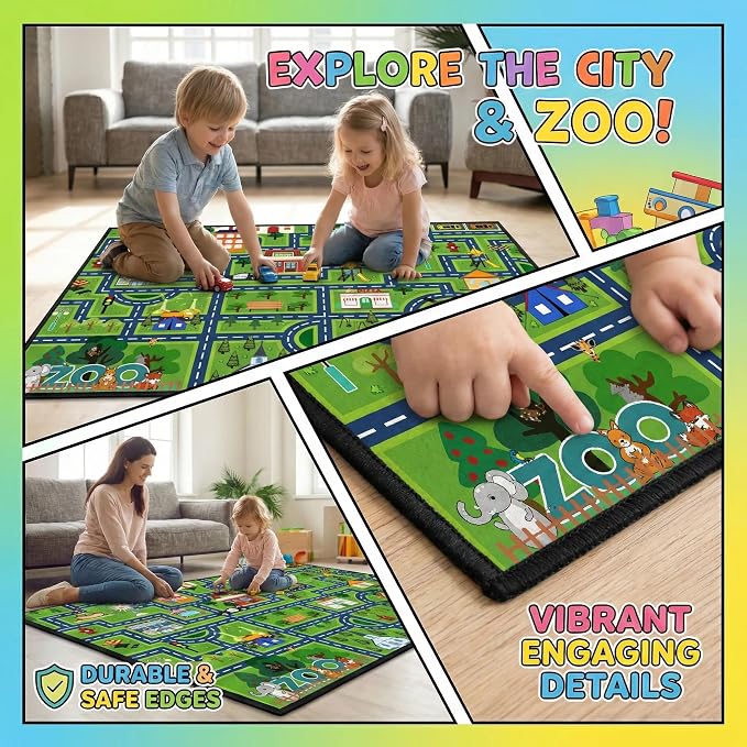 Non Slip City Road Traffic Carpet for Toy Cars, Kids Play Rug 3x5 Feet Education Town Map with Zoo and Shop Learning Area Rug for Boys Girls Playroom Bedroom