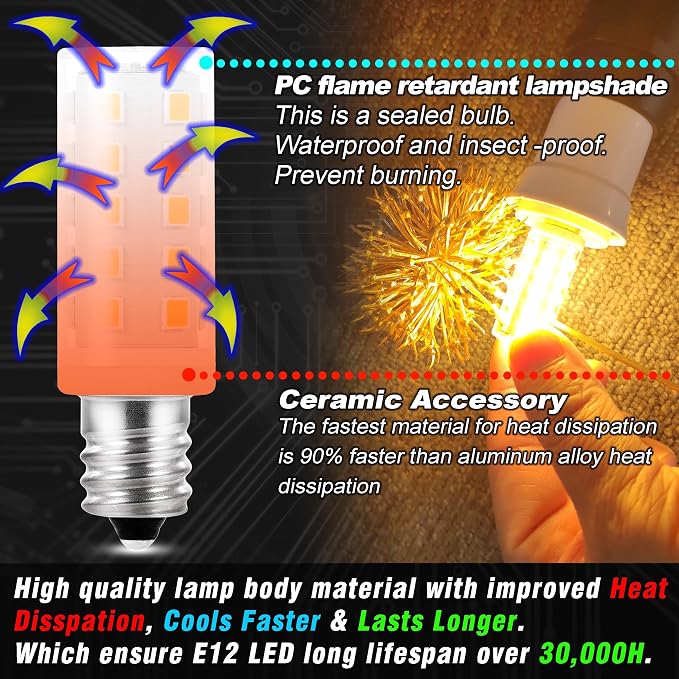 Dimmable E12 LED Bulb Himalayan Salt Lamp 4W Equivalent 15W 40W 2700K,4Pack | AC120V, 400lm, S6 C7 Candelabra Base, for Night Light Chandeliers Christmas Light Candle Lamp Dryer Bulbs, Warm White
