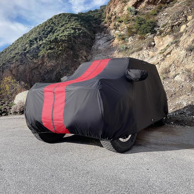 iCarCover Premium Heavy Duty SUV Car Cover - Waterproof All Weather Rain Snow UV Protection, FJ Cruiser, QX50, QX55, Defender 110, Grand Wagoneer, Venza, Size S53 (See Size Chart), Stripe - Black/Red