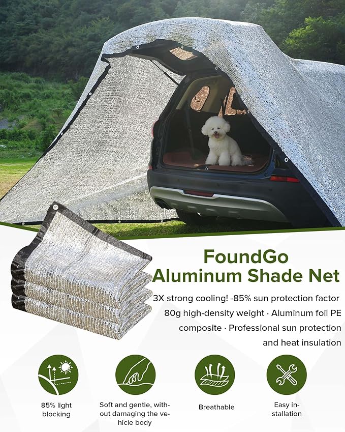 FoundGo 85% Aluminum Shade Cloth, 6.5'x10'Car/Dog Sun Reflective Aluminet tarp,Silver Reflective Sun Shade Net Cover with Grommets,Breathable,Sun/UV/Heat Blocking for Camping,RVs,with Accessories