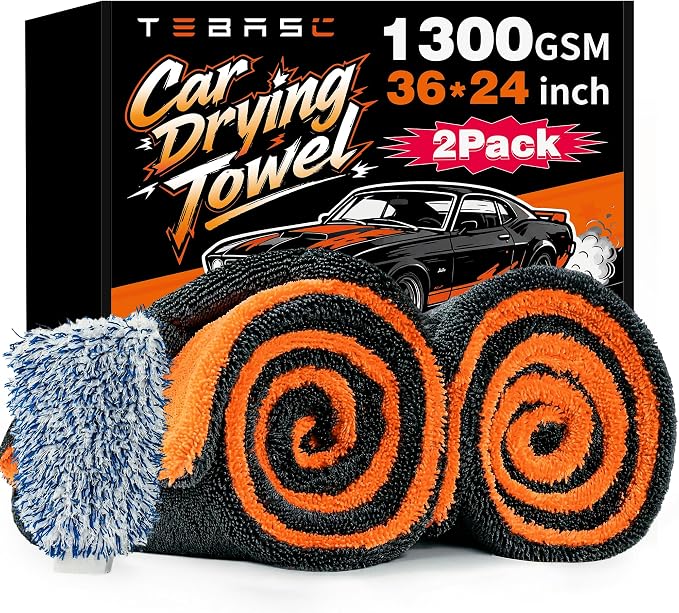 2-Pack Car Drying Towels 24x36 Inch 1300GSM, Twisted Loop Microfiber Cloth for Auto Detailing - Super Absorbent, Lint-Free & Streak-Free for SUV, Truck & Window(Gray-Orange)