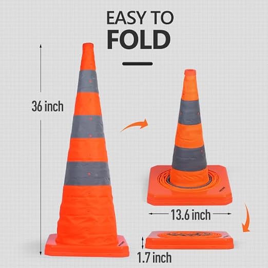 BATTIFE [10 Pack] 36 Inch Collapsible Traffic Safety Cones, Orange Cones, Multi Purpose Pop-up Cones with Reflective Collar, for Road Parking, Driving Practice