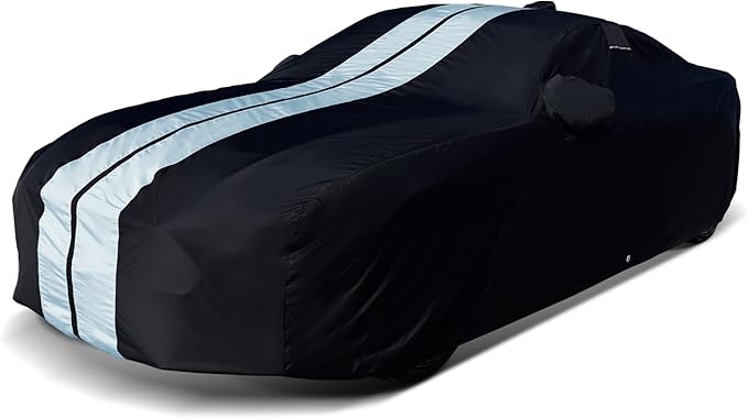 iCarCover Premium Heavy Duty Car Cover - Waterproof All Weather Rain UV Protection, A3, S3, 3-Series, M3, is 300, Grand Am, MX-6, C-Class, GR Corolla, Size C28 (See Size Chart), Stripe - Black/Gray