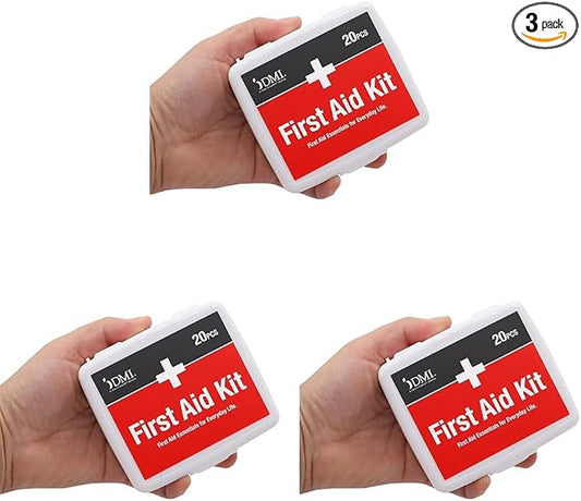 DMI First-Aid Kit, Mini 20-Piece Kit, Small and Compact All-Purpose Use for Minor Cuts and Scrapes, Durable Water-Resistant Case, Convenient and Portable, White (Pack of 3)