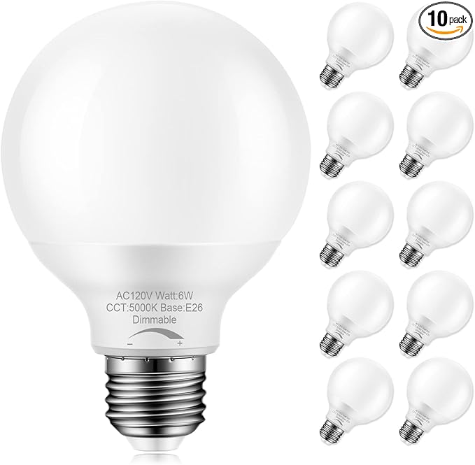 10 Pack Dimmable G25 Globe Light Bulbs LED, 6W=40W Replacement, Daylight White 5000K, E26 Medium Base, Ideal for Bathroom Vanity, Makeup Mirror or Sputnik Light, 120V, Round Light Bulbs