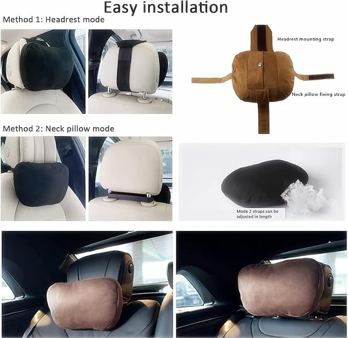 2Pcs Super Soft Car Headrest Pillow, with Adjustable Strap & Breathable Removable Cover, Balance Neck Pillow Designed to Relieve Neck Pain and Muscle Tension (Reddish Brown)