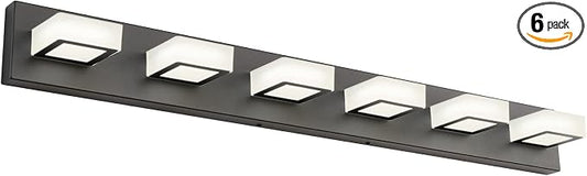 Ralbay Modern Matte Black Bathroom Vanity Light Fixtures 6 Lights Acrylic Modern LED Black Vanity Lights for Bathroom (4500K Neutral White Light)