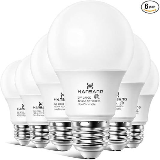 A19 LED Light Bulbs, 60W Equivalent, 2700K Soft Warm White LED Bulb with E26 Standard Base, Efficient 9W, Non-Dimmable, 800 Lumens, 120V, CRI 85, Eye-Friendly for Bedroom Living Room, 6 Pack