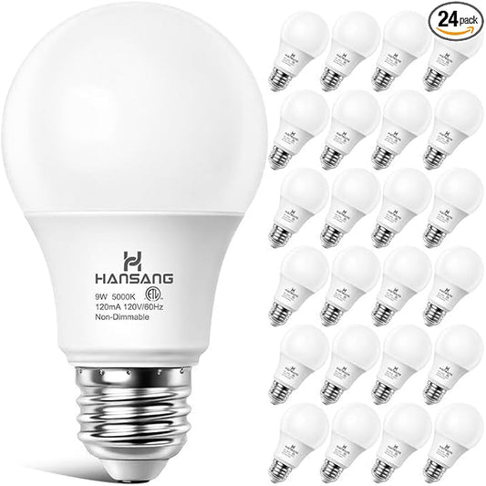 24 Pack A19 LED Light Bulbs, 60W Equivalent, Daylight Light 5000K LED Bulb with E26 Standard Base, Efficient 9W, Non-Dimmable, 800 Lumens, 120V, CRI 85, Eye-Friendly for Bedroom Living Room