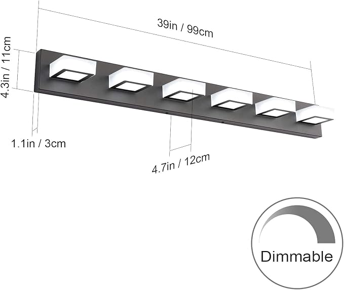 Ralbay 6 Lights LED Modern Dimmable Matte Black Vanity Light Acrylic Modern Vanity Wall Light Over Mirror Dimmable Bathroom Vanity Lighting Fixtures 6000K Cool White Light