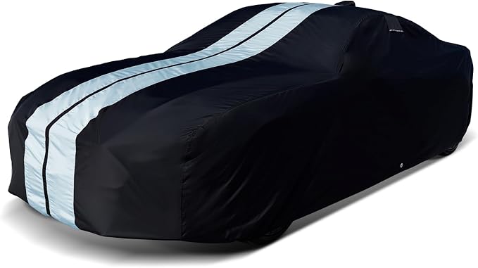 iCarCover Premium Heavy Duty Car Cover - Waterproof All Weather Rain Snow UV Protection, Corvair, SL-Class, AMC AMX, Skyline, Corolla Sedan, Size C24 (See Size Chart), Stripe - Black/Gray