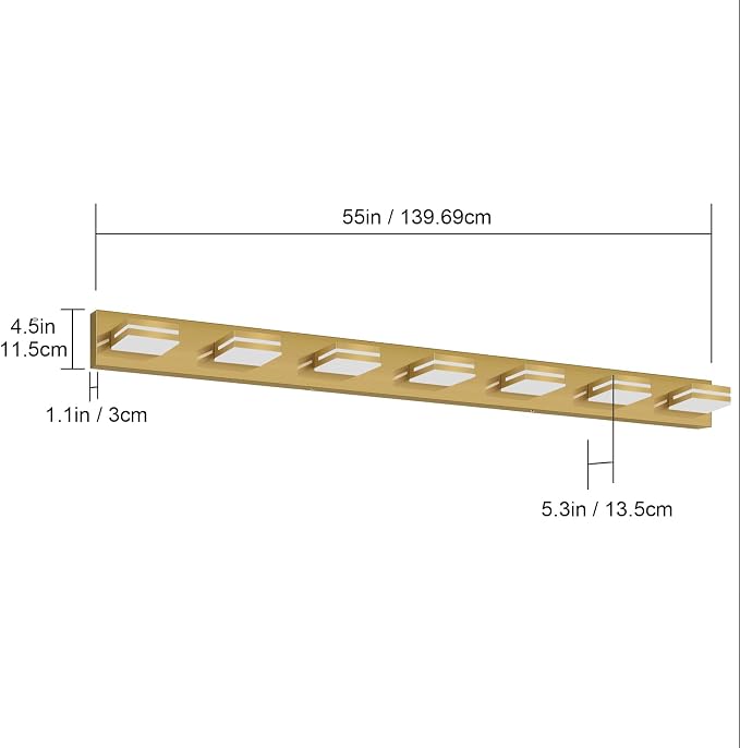 SineRise LED Modern Bathroom Vanity Light Fixtures (7-Light, 55-Inch, Dimmable), Brass Modern Acrylic Bathroom Wall Lighting Fixtures Over Mirror (Cool White 6000K)