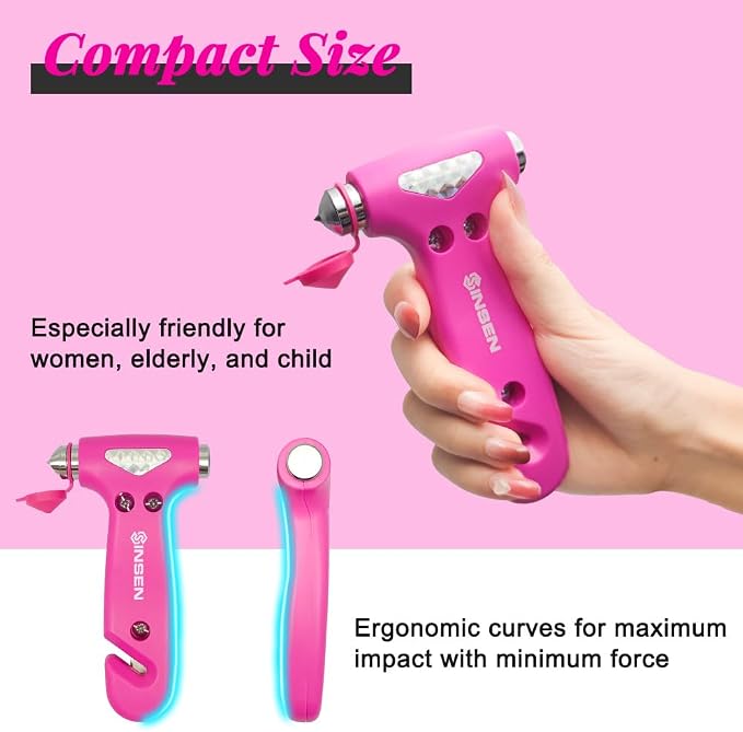 SINSEN Car Safety Hammer, Automotive Window Breaker and Seatbelt Cutter for Women, Roadside Emergency Kit, 3 in 1 Escape Tools, Road Trip Essential and Must Haves (1, Pink)