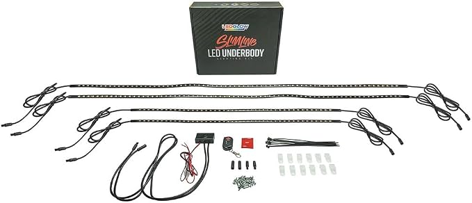 LEDGlow 4pc Red Slimline LED Car Flexible Underglow Lighting Kit | Neon Accent Lights Include Flex Underbody Tubes, Solid Color Illumination, 4 Modes, Control Box & Remote