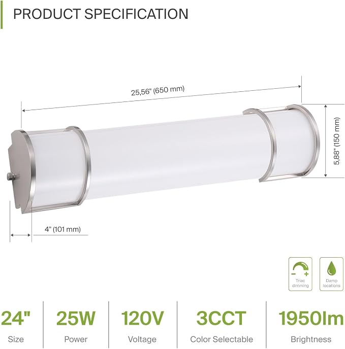 ASD LED 24" Vanity Flush Mount Light Fixture, Linear Bathroom Lighting Bar | 3CCT, Dimmable, Energy Star, ETL Listed | 25W 1950LM 3000-5000K 120V | Long Bath Wall Sconce Over Mirror | Nickel, 4 Pack