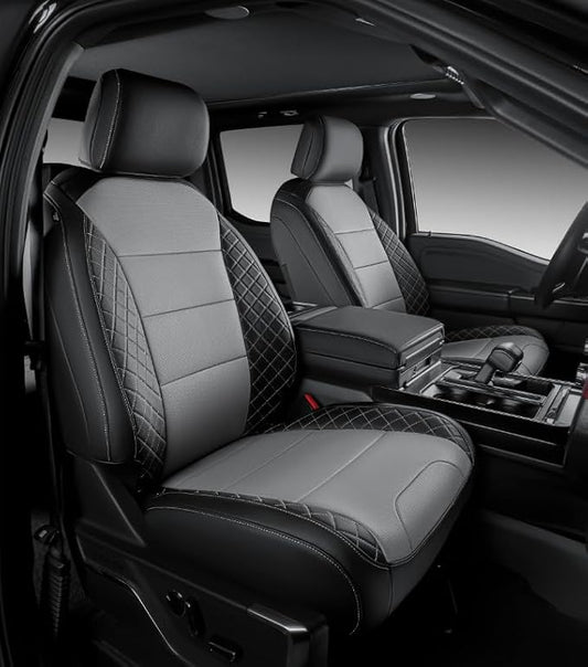 F150 Seat Covers, Custom Fit for Ford 2021-2026 F150 XL XLT STX Super Crew Cab, 2023-2026 F250 F350 F450 XL XLT Crew Cab, Truck Seat Cover Full Set, Leather, Black & Grey