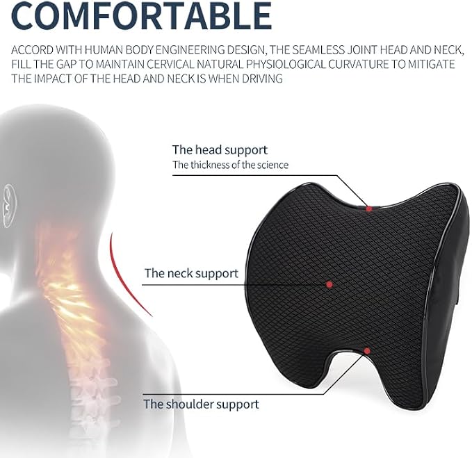 Lumbar Support and Car Neck Pillow for Office Chair and Car Seat ，Softness Memory Foam Erognomic Seat Cushion with Adjustable Strap，Comfortable Ergonomic Design (Black, Polyester)