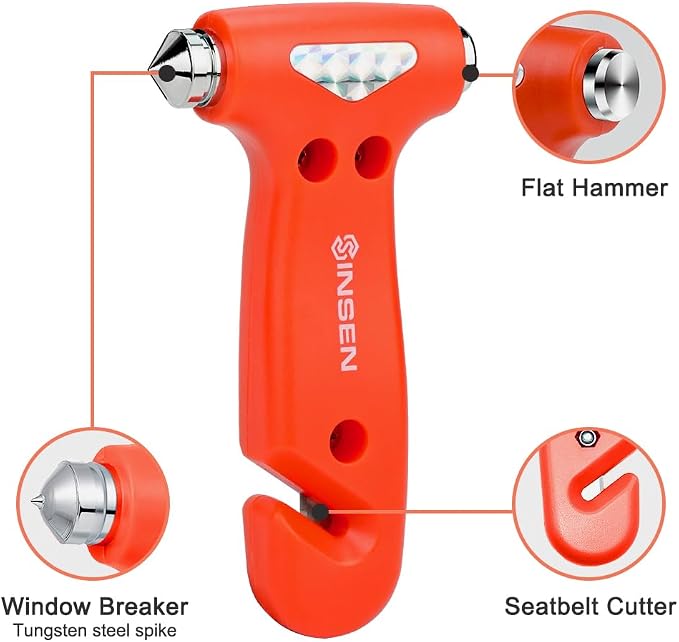 SENSEN Car Window Breaker Seatbelt Cutter, Emergency Escape Tool to Break Glass, Safety Hammer, 3-in-1, Orange