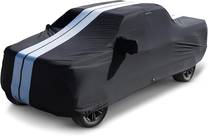 iCarCover Premium Heavy Duty Truck Car Cover - Waterproof All Weather Rain Snow UV Protection F-150 SuperCrew, Silverado 2500 Extended, Sierra 1500 Crew, Size T86 (See Size Chart), Stripe - Black/Gray