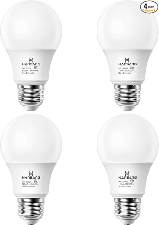 4 Pack A19 LED Light Bulbs, 60W Equivalent, Daylight Light 5000K LED Bulb with E26 Standard Base, Efficient 9W, Non-Dimmable, 800 Lumens, 120V, CRI 85, Eye-Friendly for Bedroom Living Room