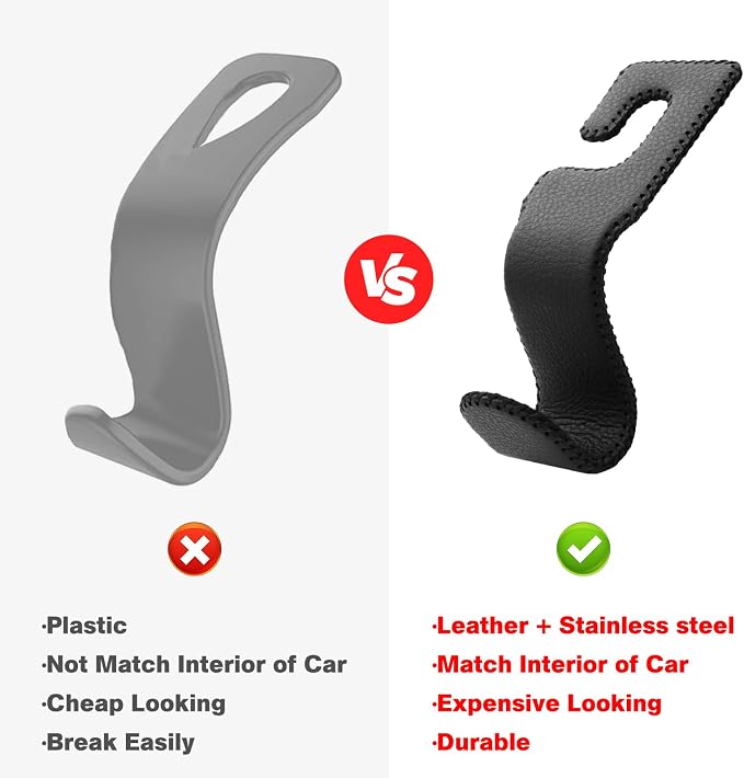 AMVOYOA U-Shaped Car Leather Hooks – Car Purse Holder, Headrest Hooks for Car, Back Seat Organizer - Elevate Your Travel Experience!(Black)