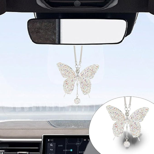 JOYCOURT Bling Butterfly Diamond Car Hanging Accessories for Women, AB | Crystal Butterfly Rear View Mirror Luck Car Decoration Accessories, Valentine's Day Presents Ornament Pendant for All Cars